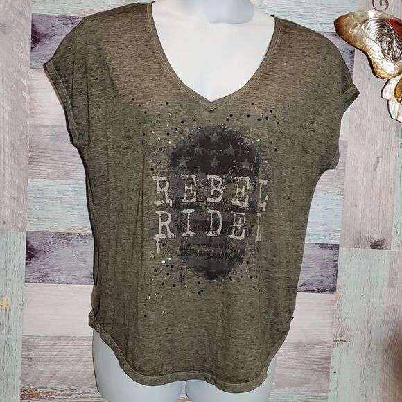 Rock Republic Olive Gray Buronout Rebel Rider Skull Studded Tee Shirt Sz L 923 - Picture 1 of 9